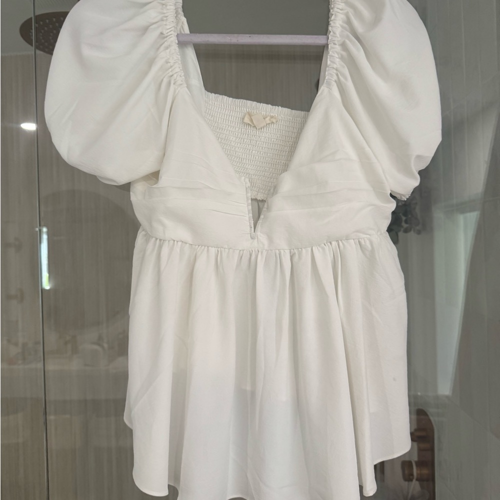 White Puff Sleeve Peplum Top - Elegant Neck